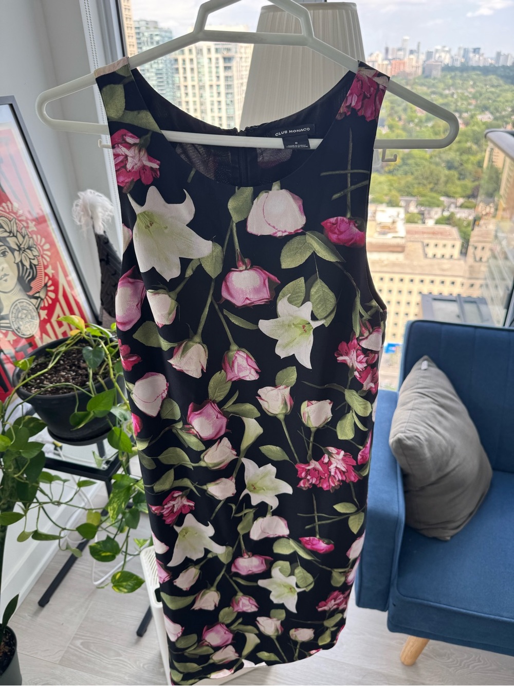 Club Monaco 100% Silk Floral Sheath Dress with Pink & Green Blooms